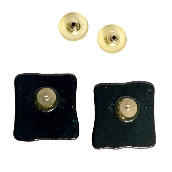 Abstract Geometric Fused Glass Gray Red Gold Black Lightweight Pierced Earrings - Picture 5 of 8